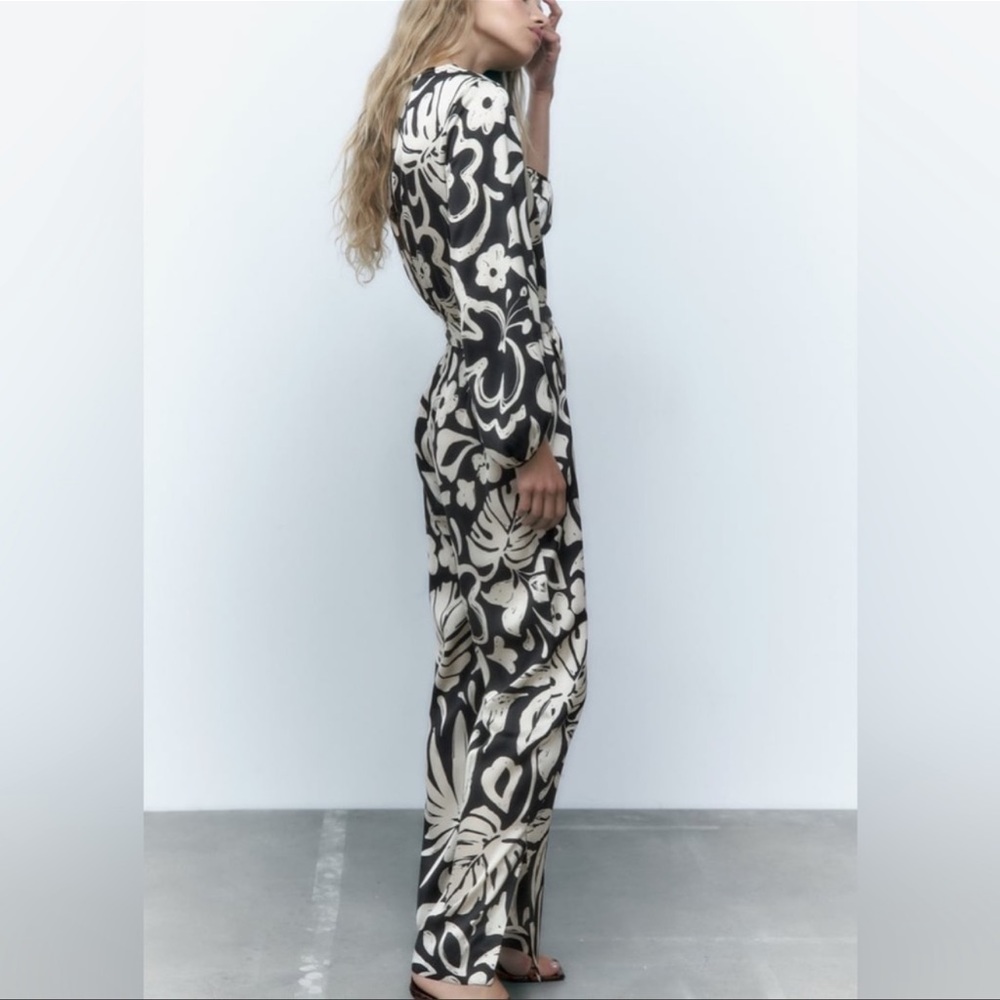 Zara Black and Cream Floral Wrap Jumpsuit - Picture 2 of 14